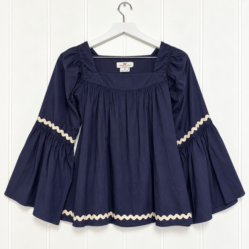 Vineyard Vines Ric Rac Bell Sleeve Top Womens S Navy Blue Square Neck Blouse